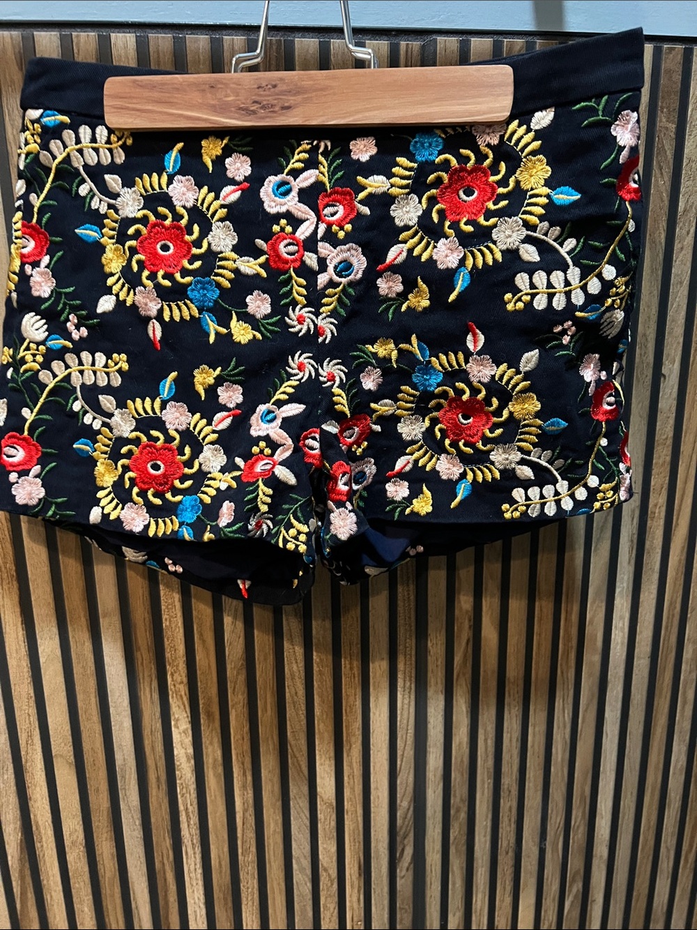 Velzera Black High-Waist Shorts with Multicolor Floral Embroidery